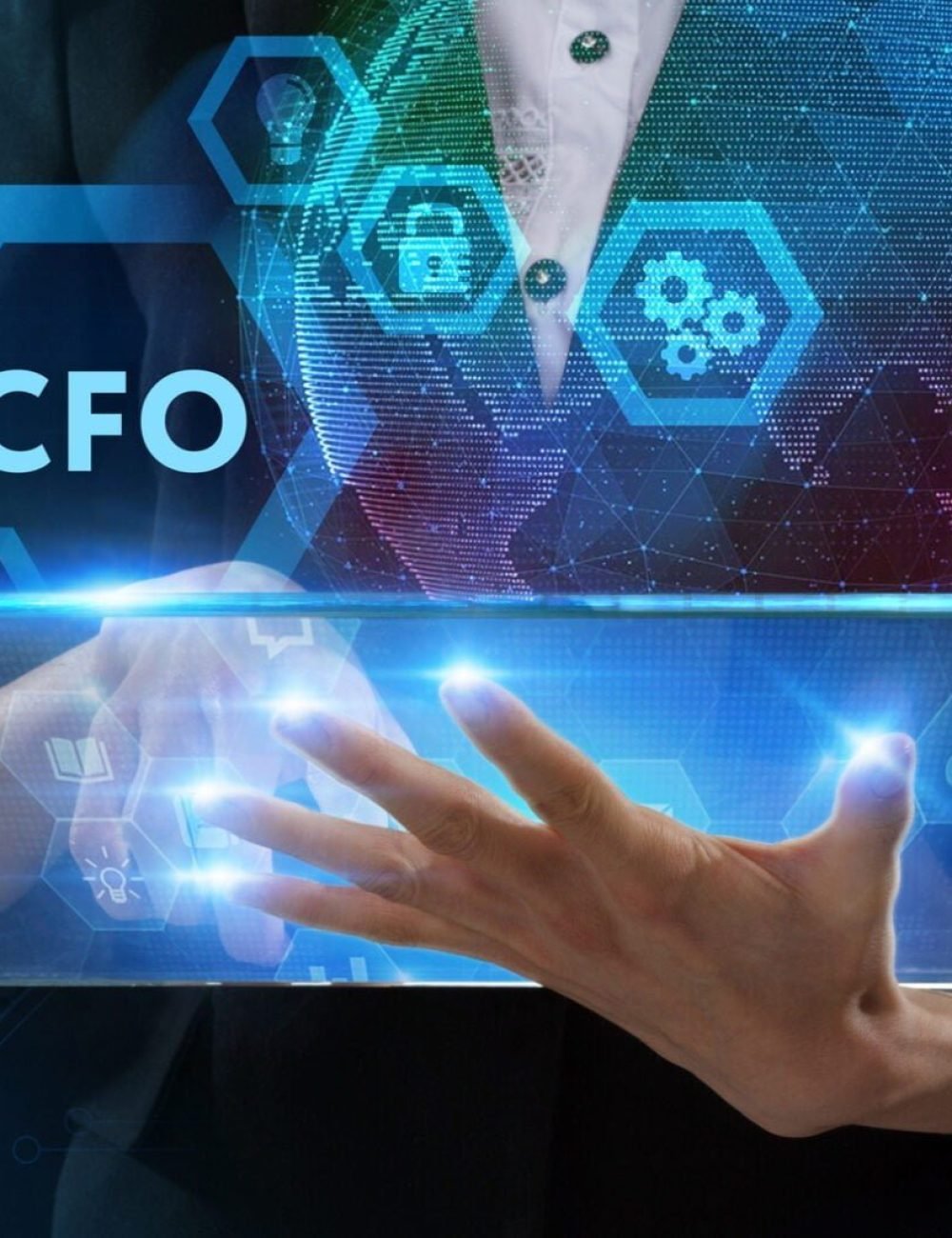 The concept of business, technology, the Internet and the network. A young entrepreneur working on a virtual screen of the future and sees the inscription: CFO